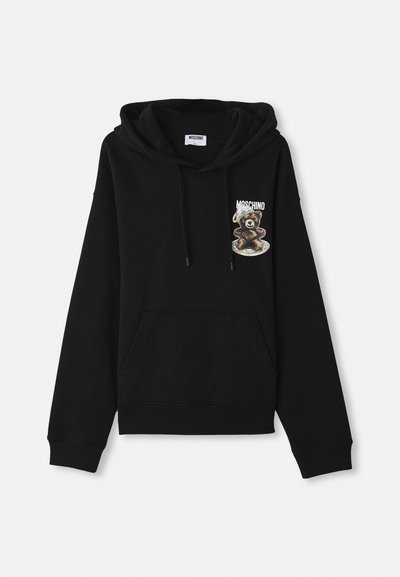 Schwarzer Kapuzenpullover mit einer Vorderstasche, Kordeln und einem grafischen Design eines Bären auf einem Teller mit dem Markennamen "Moschino".