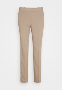 Beige tailored pants with a straight fit, made from smooth fabric, featuring belt loops and side pockets. No noticeable patterns or hardware.