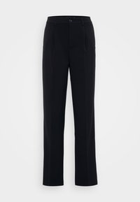 Pantaloni neri con design a gamba dritta, dotati di pieghe frontali e chiusura con bottone, realizzati in un tessuto morbido. Linee pulite in tutta la loro lunghezza.