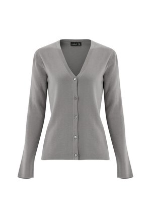 Grauer langärmliger Cardigan mit V-Ausschnitt, Knopfleiste, gerippter Textur und fünf Knöpfen in der Mitte. Weiches, leichtes Material.