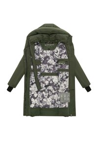 Donkergroene parka met een bloempatroon voering. Kenmerken zijn onder andere drukknoopsluitingen, geribde manchetten en meerdere binnenzakken voor opslag.