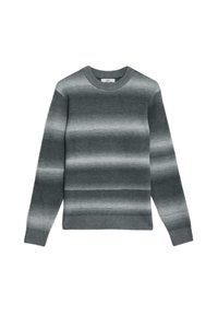 Maglione grigio a coste con un motivo a strisce in gradiente, con scollo rotondo e maniche lunghe. Tessuto morbido, design casual.