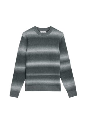 Grå ribbet strikket sweater med et gradientstribet mønster, med rund halsudskæring og lange ærmer. Blød tekstur, afslappet design.
