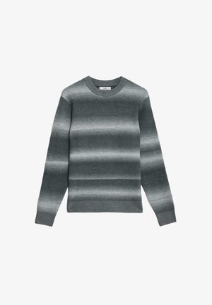 Grauer gerippter Strickpullover mit einem Farbverlauf-Streifenmuster, runder Ausschnitt und langen Ärmeln. Weiche Textur, lässiges Design.