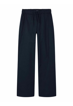 Marineblauwe wijde broek met een elastische tailleband en trekkoord, gemaakt van een soepele stof. Heeft een eenvoudig, onversierd ontwerp.