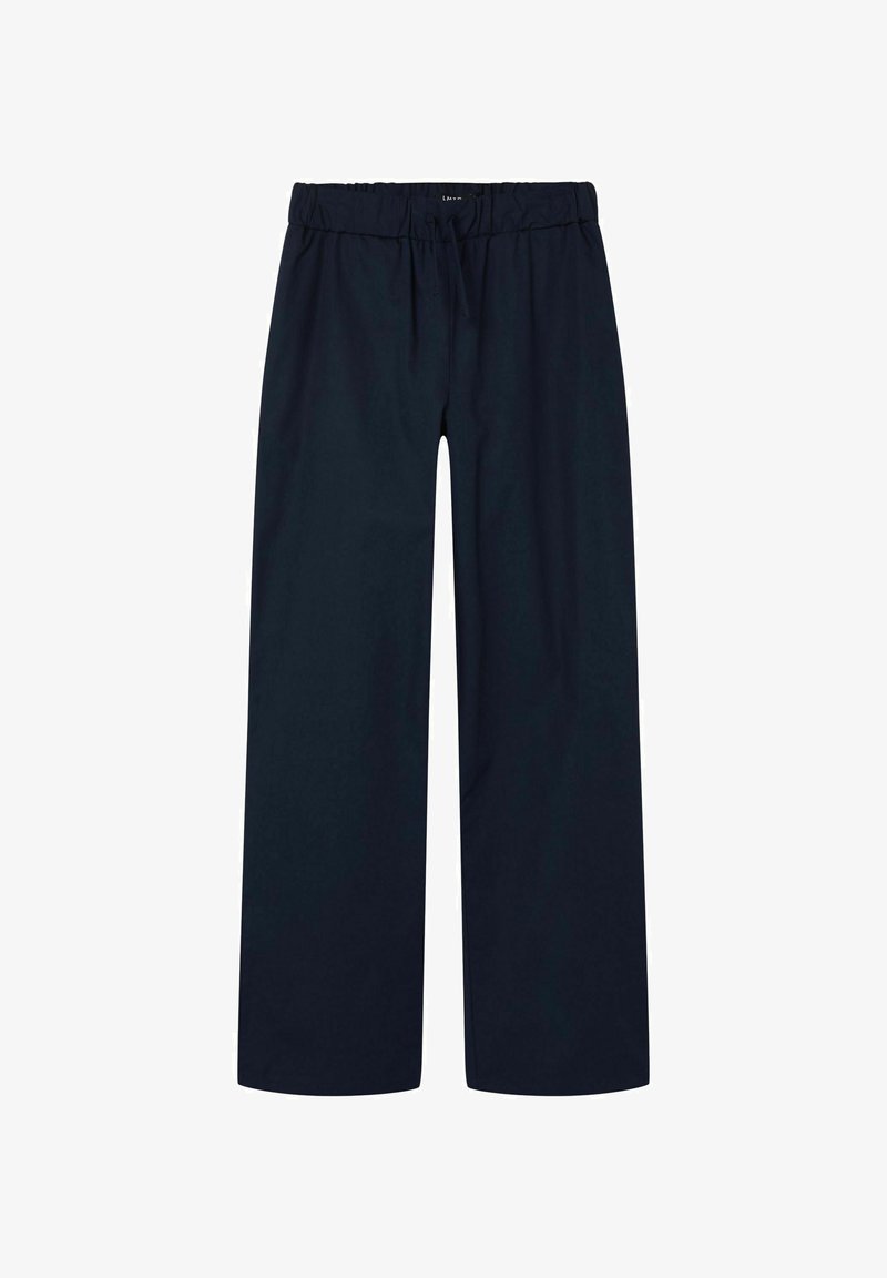 Pantalons larges bleu marine avec une taille élastique et un cordon de serrage, fabriqués à partir d'un tissu lisse. Présente un design simple et épuré.