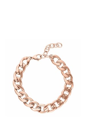 Armband aus Roségold mit dicken ovalen Gliedern und einem Karabinerverschluss, mit verstellbarer Verlängerungskette.