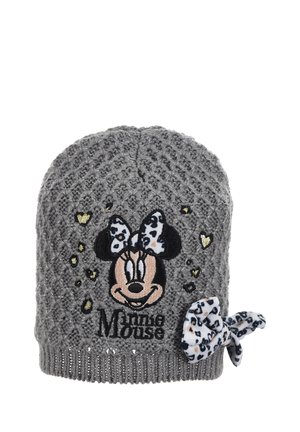 Gray knitted beanie featuring embroidered Minnie Mouse design, leopard print accents, and decorative bow. Textured pattern and ribbed trim.