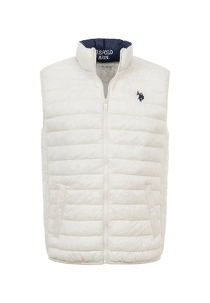 White quilted sleeveless vest with front zipper, two snap-button pockets, and navy logo on the left chest, collar lined in navy fabric.