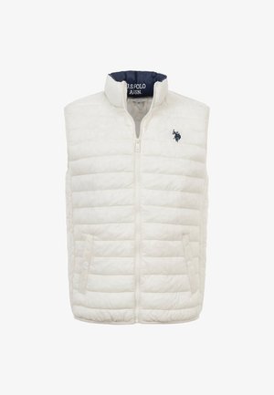 White quilted sleeveless vest with front zipper, two snap-button pockets, and navy logo on the left chest, collar lined in navy fabric.