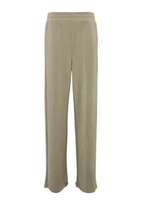 Beige, wijde broek met een elastische tailleband, gemaakt van zachte, gestructureerde stof; heeft verticale naden aan de voorkant voor extra detail.