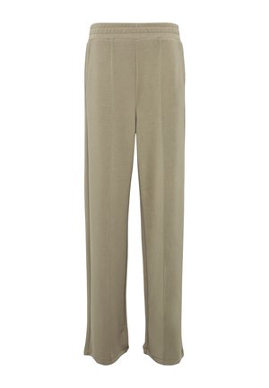 Beežid, laiad püksid elastse vöökohtaga, valmistatud pehmest, tekstuuriga kangast; esiküljel on vertikaalsed õmblused, mis lisavad detaili.