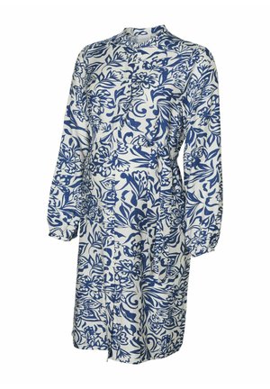 Floral-patterned dress featuring blue designs on a white background, long puff sleeves, a round neckline, and a button closure.