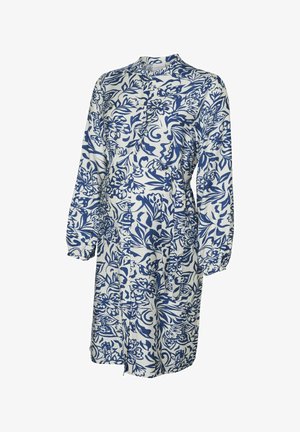 Lillelille lillede mustriga kleit, siniste mustritega valgel taustal, pikkade volangvarrukatega, ümar kaelus ja nööbiga kinnitamine.