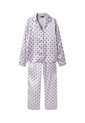 Parte superior de pijama de manga larga de color púrpura claro con botones y pantalones a juego con lunares negros, colocados planos sobre fondo blanco.