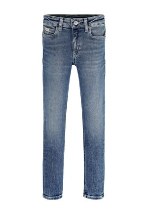 Jeans in denim blu con design aderente, stile cinque tasche, chiusura con bottoni e leggera sfumatura lungo il tessuto per un aspetto casual.