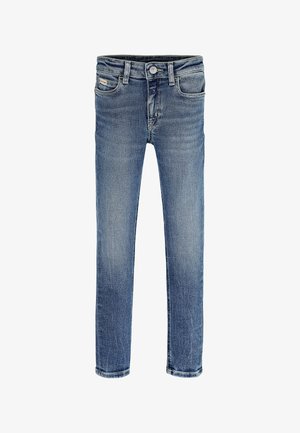 Jeans in denim blu con design aderente, stile cinque tasche, chiusura con bottoni e leggera sfumatura lungo il tessuto per un aspetto casual.