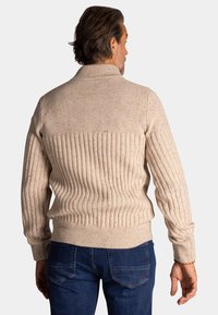 Beige gebreide trui met textuur en patroonpanelen; geribbelde rand aan de onderkant en mouwen; subtiele kleurvlekjes overal.