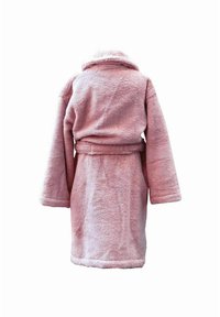 Accappatoio rosa in peluche con maniche lunghe, collo a scialle e cintura. Texture morbida; lunghezza fino a metà coscia con taglio dritto.