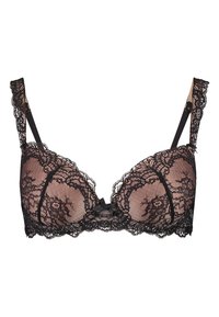 Zwarte kanten bh met doorschijnende cups, bloemenpatroon, lichte padding en verstelbare bandjes. Inclusief een centraal satijnen strikje.