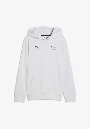 Bela jopa s kapuco, sprednji žep na trebuščišče, črni Puma logotip na levi strani prsnega koša in BMW Motorsport logotip na desni strani prsnega koša.