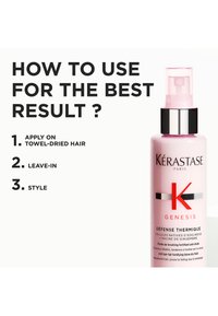 Kérastase Genesis Défense Thermique, rosa sprayflaske med svart hette. Tekst med bruksanvisning vist sammen med produktet.