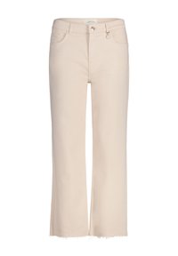 Beżowe dżinsy typu wide-leg z postrzępionym dołem, z przodem zapinanym na guzik, dwiema bocznymi kieszeniami oraz subtelnym połyskiem w fakturze tkaniny.