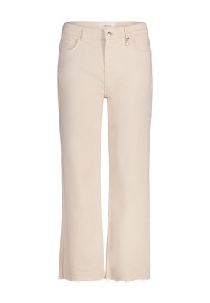Beige weite Jeans mit ausgefranstem Saum, featuring einen vorderen Knopfverschluss, zwei Seitentaschen und einem subtilen Glanz in der Stoffstruktur.