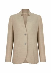Beige strukturerad kavaj med krage, två knappstängningar och dubbla framfickor. Mjuk tyg med ett vävt mönster.