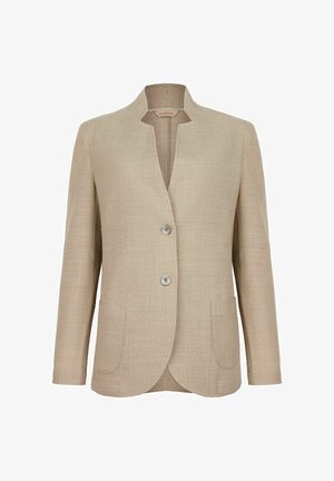 Blazer texturé beige avec un col, deux boutons et deux poches avant. Tissu doux avec un motif tissé.
