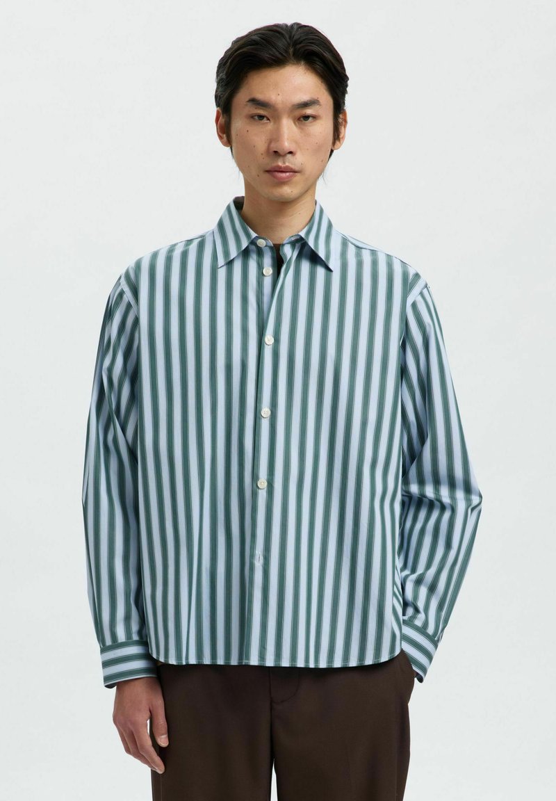 Camicia a righe con strisce verticali alternate blu chiaro e verde, modello con bottoni, colletto aperto e maniche lunghe. Tessuto con texture liscia.