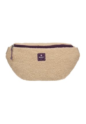 Beige textured fabric waist bag with purple zipper and Roxy logo patch on front center.
