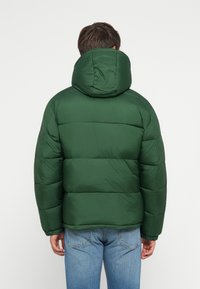 Doudoune verte avec capuche, présentant des sections matelassées et une texture lisse. Portée avec un jeans bleu, vue de dos.