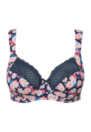 Soutien-gorge à motif floral avec fond bleu foncé, détails en dentelle sur les bonnets, bretelles réglables et un petit nœud au centre. Tissu doux.