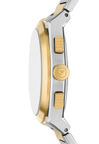 Silver and gold-tone stainless steel wristwatch with a white face, textured pushers, and a crown featuring a logo. Sleek design, side view.