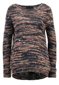 Sweter dziany z okrągłym dekoltem, długimi rękawami i luźnym krojem. Posiada melanżowy wzór w kolorach niebieskim, kremowym i rdzawym. Ribnowe wykończenia u dołu i na rękawach.