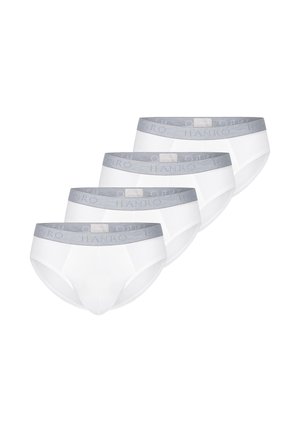 Vier weiße Herren-Slips mit grauen elastischen Bunds, die den Markennamen "HANRO" tragen, in einer versetzten Reihe angeordnet.