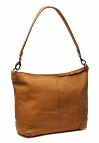 Leren schoudertas in bruin met een gladde textuur, opvallende stiksels, en een enkele verstelbare strap met metalen hardware.