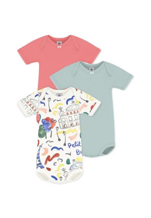 Tri bodija za bebe: jedan koraljno ružičasti, jedan svijetloplavi i jedan bijeli s šarenim apstraktnim i arhitektonskim uzorcima.