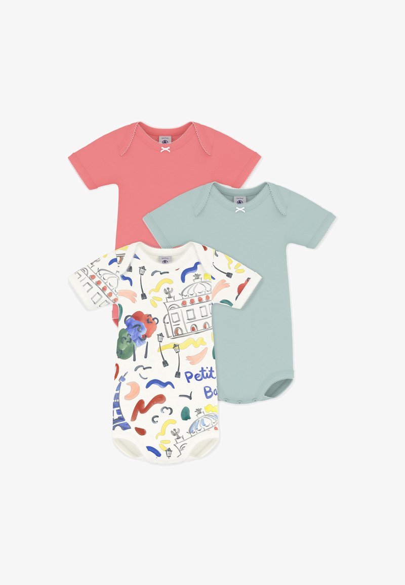 Trois bodies pour bébé : un corail rose, un bleu clair et un blanc avec des motifs abstraits et architecturaux colorés.