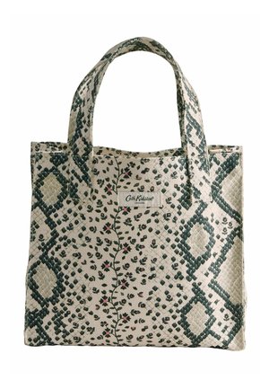 Beežist kangast poekott tumerohelise rombimustriga ja väikeste roosade lillelistviinapuu mustritega, ees Cath Kidstoni logo kleebis.