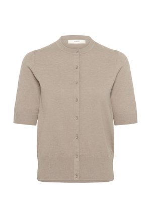 Beige knit cardigan with a round neckline, short sleeves, and a button-down front. Smooth texture with ribbed accents at the hem and cuffs.