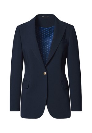Granatowa marynarka wykonana z gładkiego materiału, z pojedynczym złotym guzikiem, dwoma przednimi kieszeniami oraz wzorzystą niebieską podszewką. Dopasowany krój i klapy.