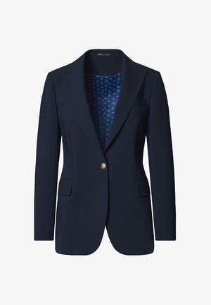 Granatowa marynarka wykonana z gładkiego materiału, z pojedynczym złotym guzikiem, dwoma przednimi kieszeniami oraz wzorzystą niebieską podszewką. Dopasowany krój i klapy.