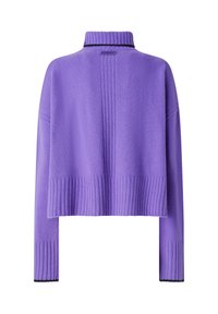 Pullover viola a maglia con colletto alto, polsini e orlo a coste. Presenta un sottile dettaglio a cucitura verticale sul retro. Texture morbida.