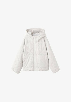 Gesteppte weiße Kapuzenjacke mit zwei Fronttaschen, Druckknöpfen und einer weiten Passform. Weiche Textur mit durchgehendem Rautenmuster.