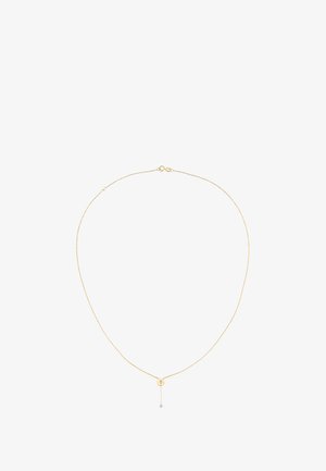 Collar en tono dorado con una cadena delicada, que presenta un colgante circular y una piedra preciosa clara colgante, mostrando un diseño minimalista.