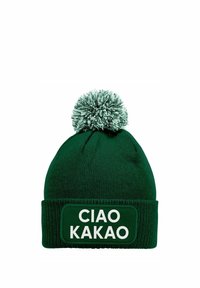 Green knit beanie with a pom-pom on top and a white patch featuring the text "CIAO KAKAO." Textured fabric with a cuffed brim.
