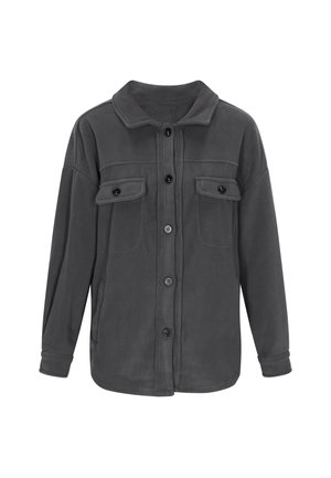 Donkergrijze fleece shirtjack met een kraag, voorsknoopjes en twee borstzakken. Zachte textuur en een ontspannen pasvorm. Lange mouwen met knoopmanchetten.