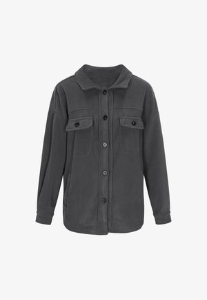 Donkergrijze fleece shirtjack met een kraag, voorsknoopjes en twee borstzakken. Zachte textuur en een ontspannen pasvorm. Lange mouwen met knoopmanchetten.